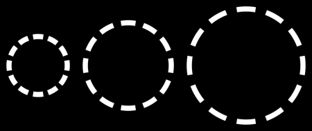 Three circles of different sizes, each carrying exactly twelve dashes