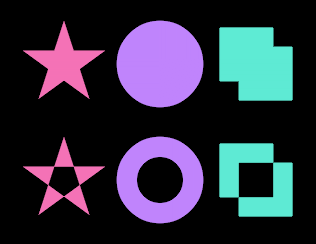 The same three outlines filled nonzero, then even-odd